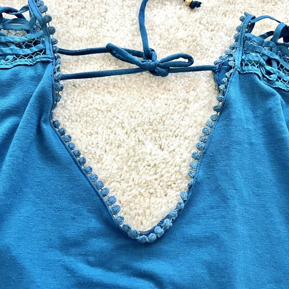 L Space Small Blue Romper Lace Shoulder V Neck Short Sleeve Mini Jumpsuit Shorts - Picture 5 of 14